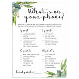 What's On Your Phone Bridal Shower Game Printable Greenery by LittleSizzle