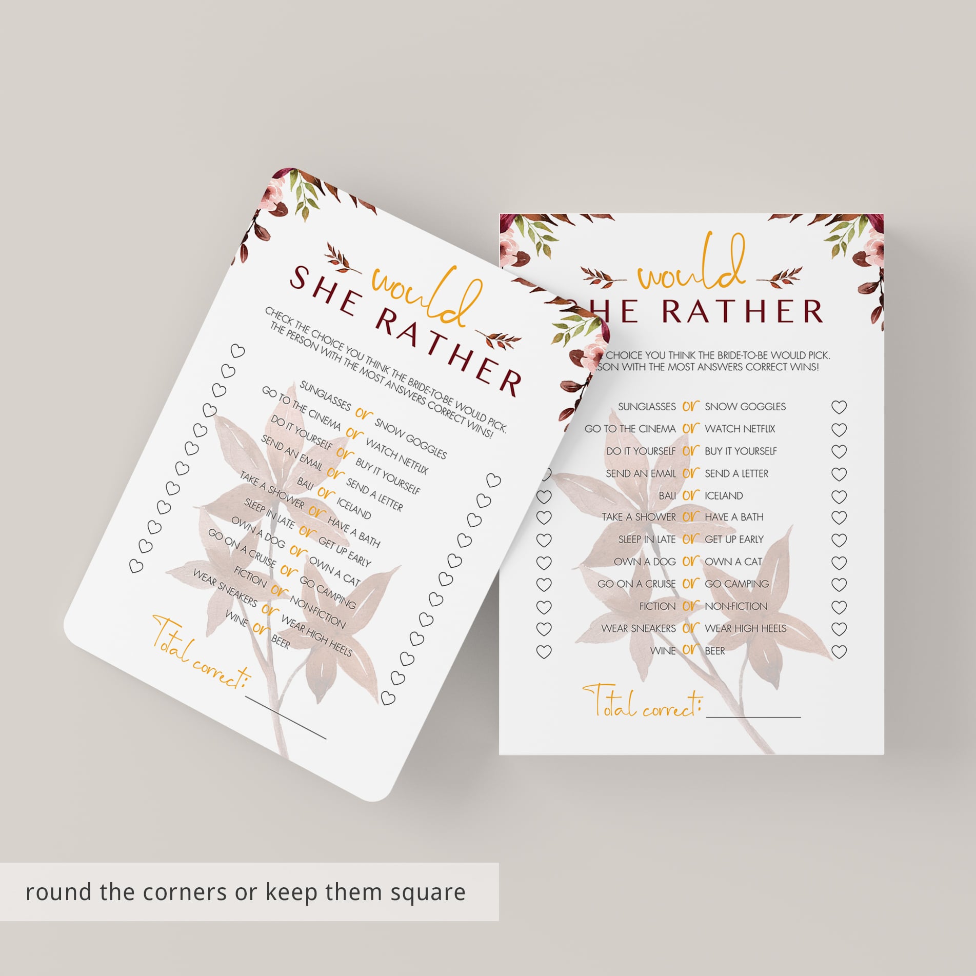 Watercolor red leaf bridal shower game cards by LittleSizzle