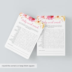 Watercolor Floral Baby Shower Search the Words Game