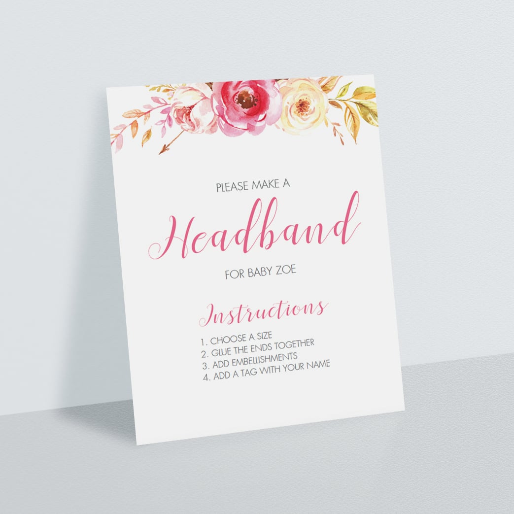 Watercolor floral headband station instructions sign template by LittleSizzle