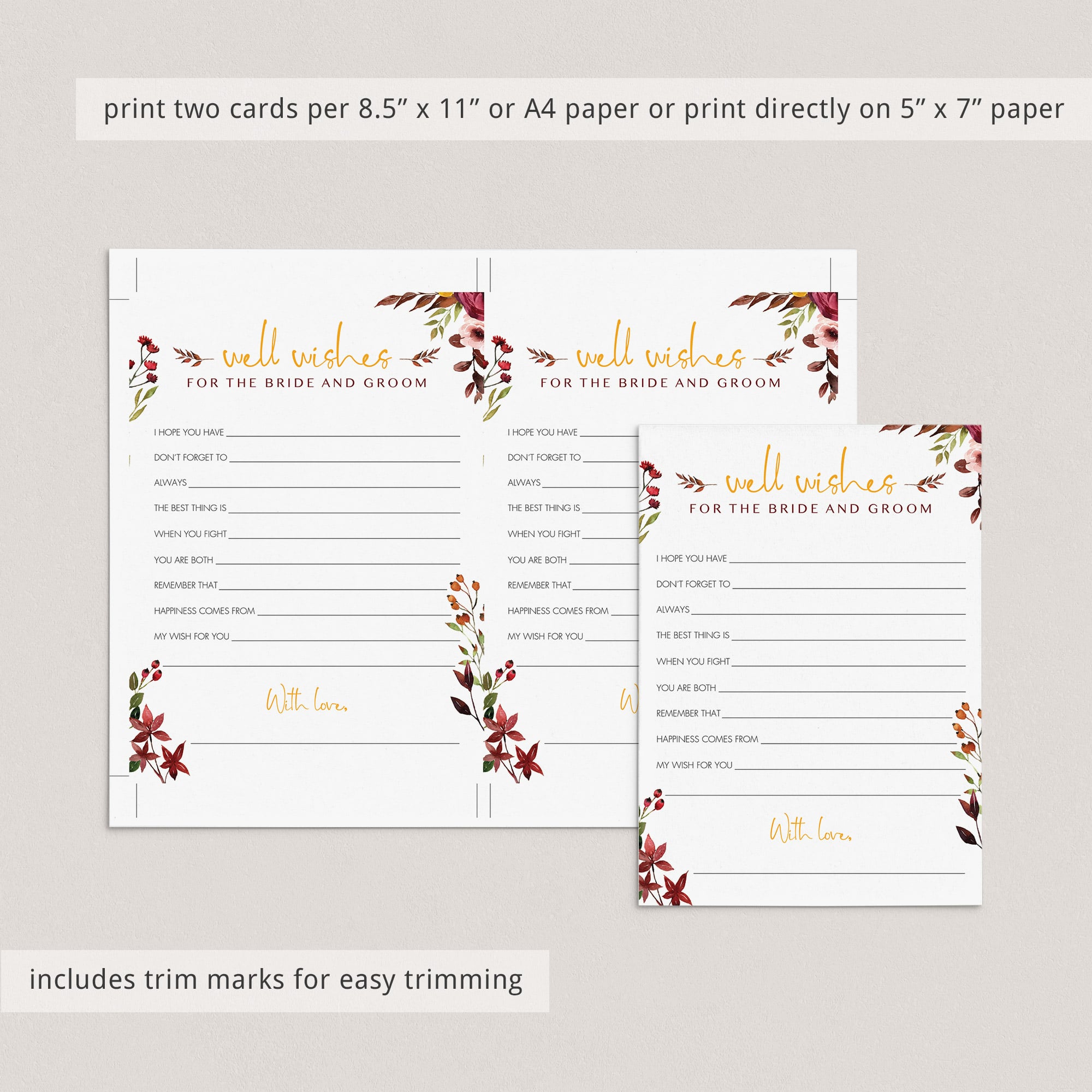 Autumn bridal shower wishes for the bride and groom card printable by LittleSizzle