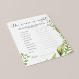 Guess The Price Baby Shower Game Printable with Green Leaves