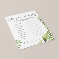 Guess The Price Baby Shower Game Printable with Green Leaves