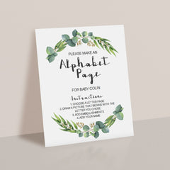 Botanical ABC Book Baby Shower Game Table Sign Printable