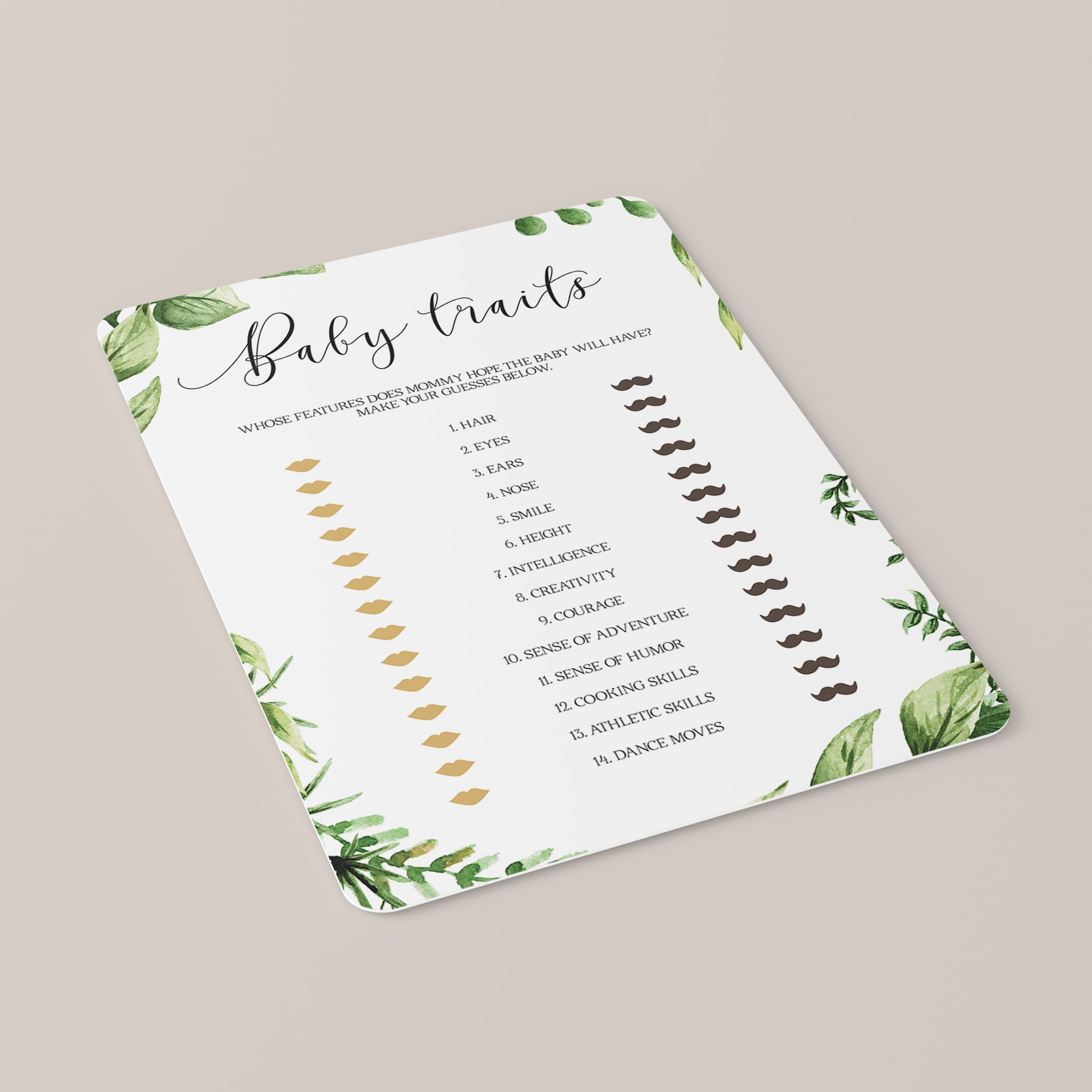 Greenery leaves baby shower baby traits game by LittleSizzle