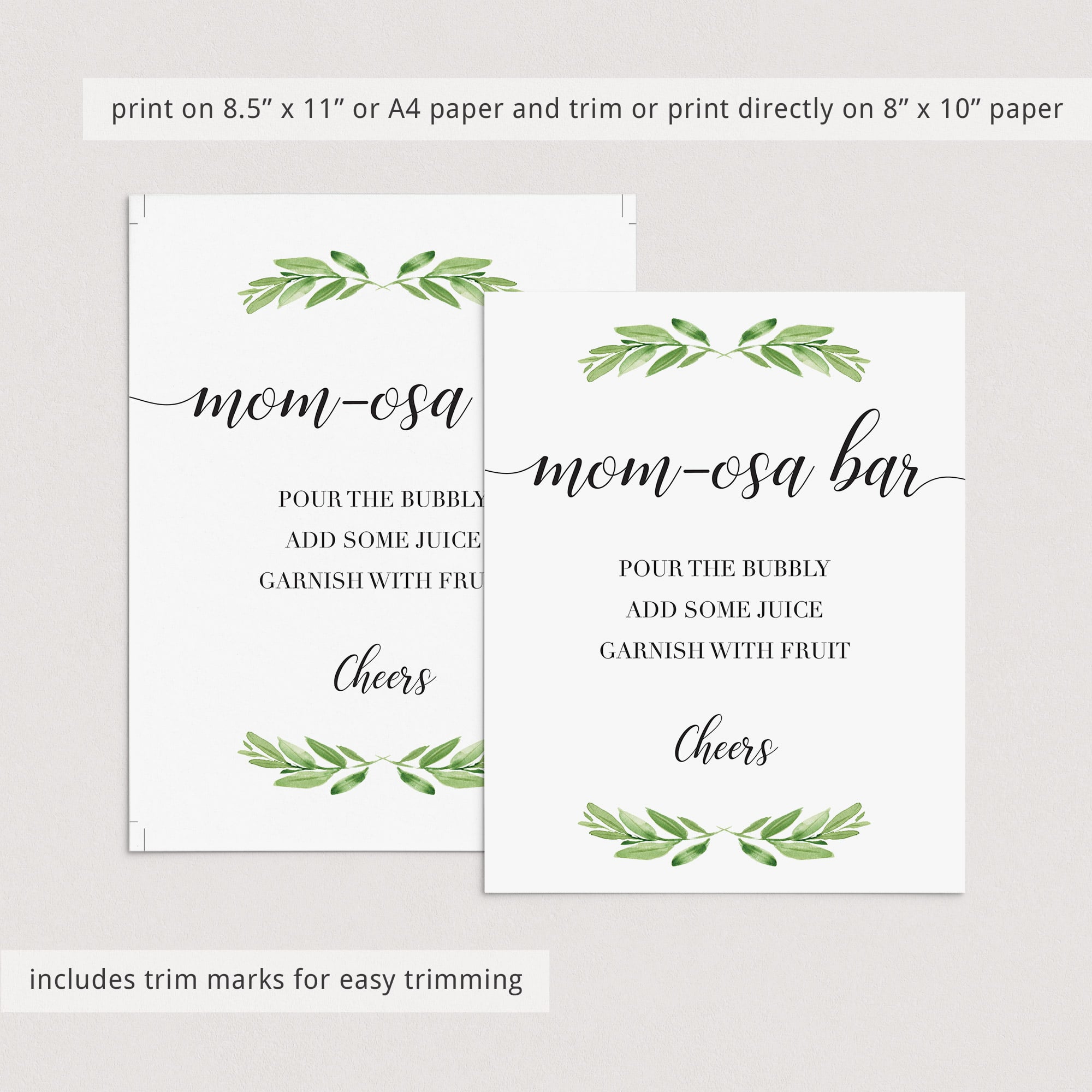 momosa table sign with watercolor green leaf by LittleSizzle