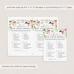 Blush Roses What's On Your Phone Bridal Shower Game Printable