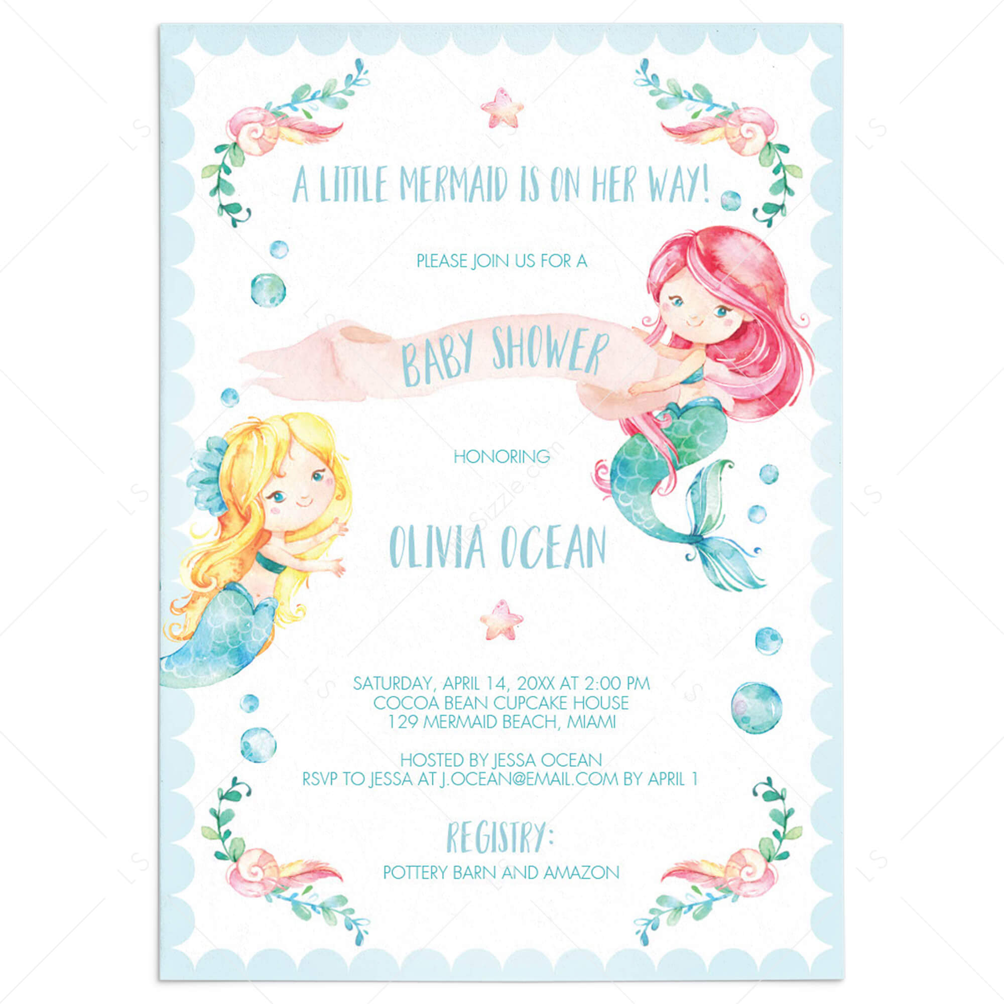 Mermaid Baby Shower Invitation Template Watercolor by LittleSizzle