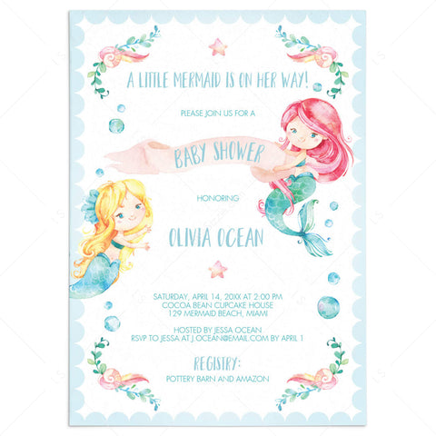 Mermaid Baby Shower invitation template watercolor | Instant download ...