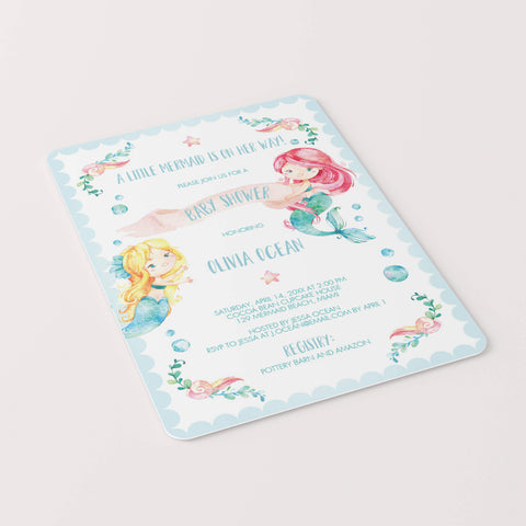 Mermaid Baby Shower invitation template watercolor | Instant download ...