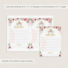 Floral Unicorn Dear Baby Printable Baby Shower Cards