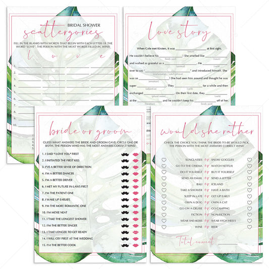 watercolour palm leaves bridal shower games bundle printables by LittleSizzle