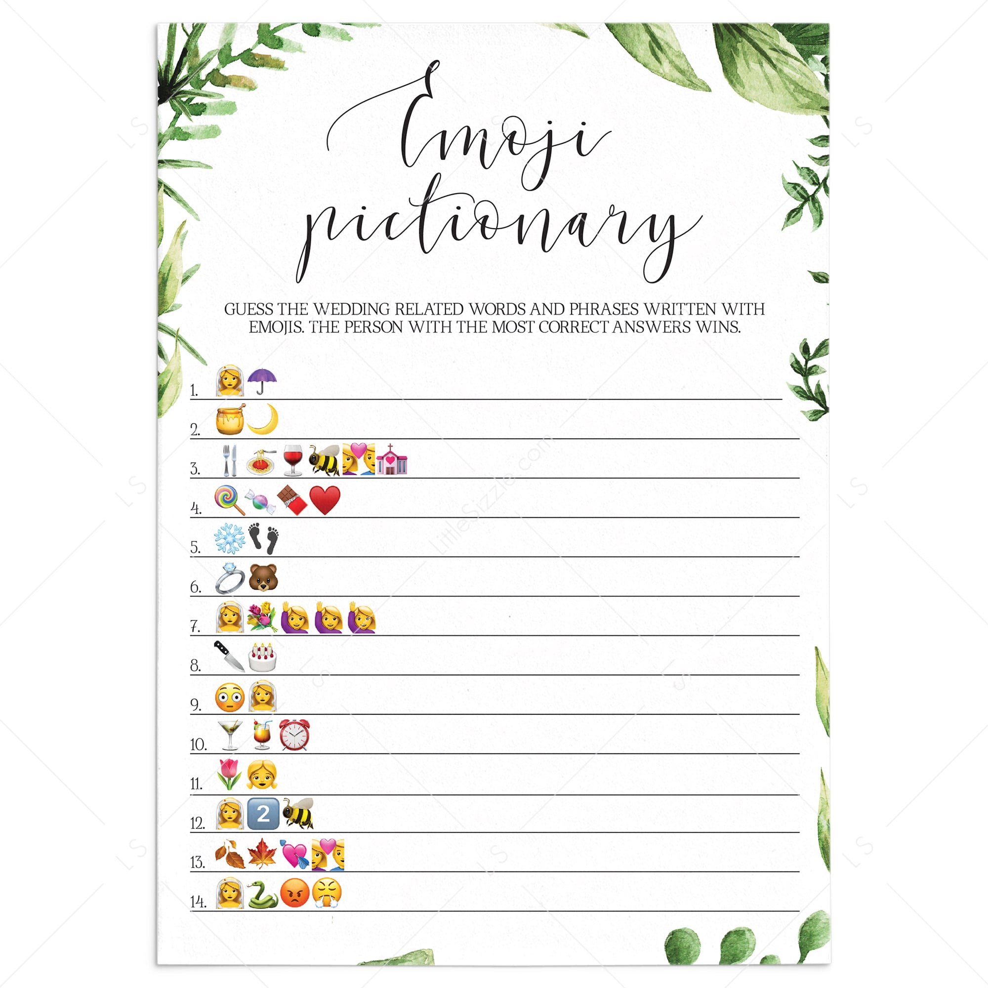 botanical bridalshower emoji game instant download by LittleSizzle