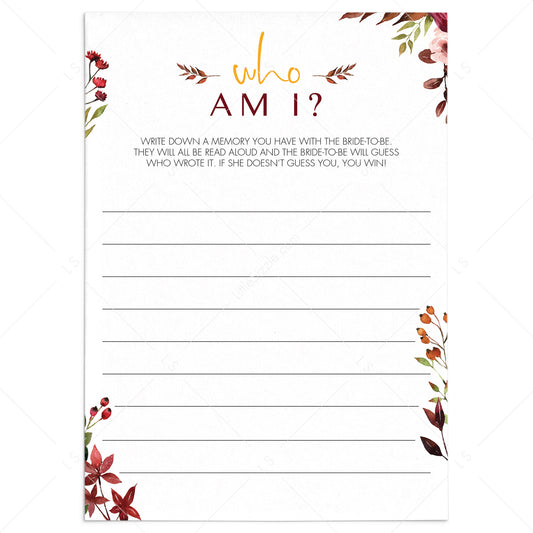 Burgundy Floral Bridal Shower Mingling Game Who Am I by LittleSizzle