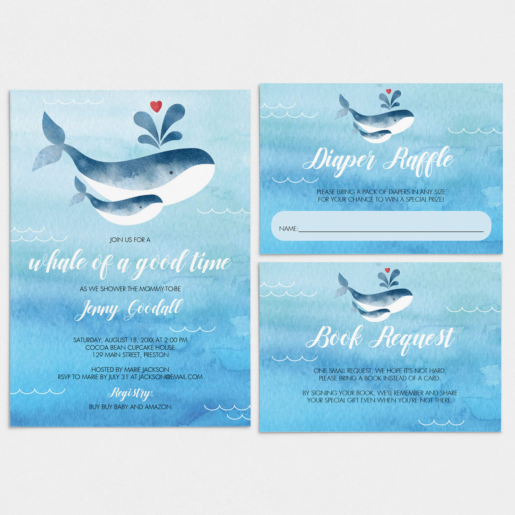 Whale invitation set for boy baby shower