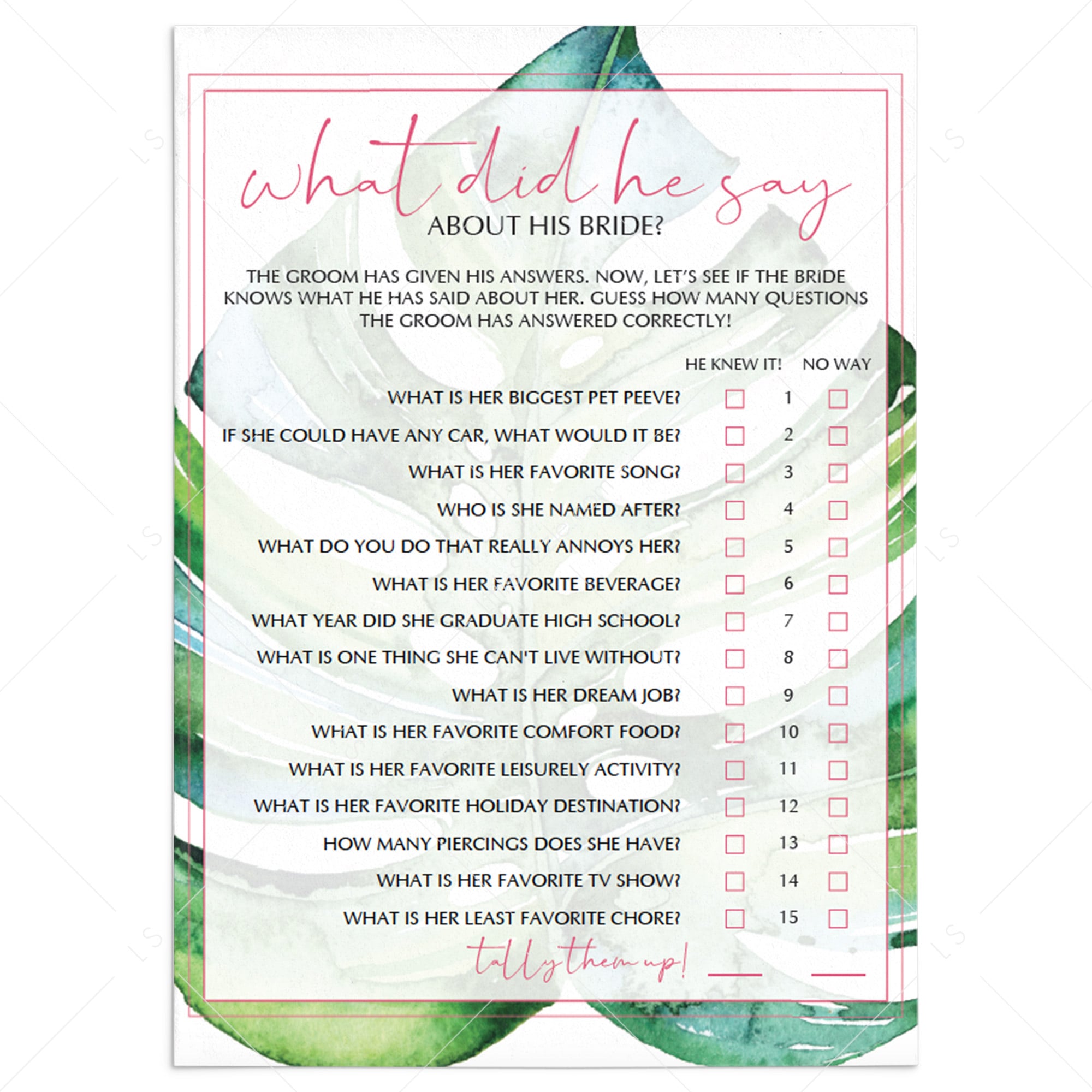 what did the groom say game for bridal shower tropical theme by LittleSizzle