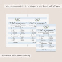 Whats in your purse baby shower game card instant download blue and white by LittleSizzle