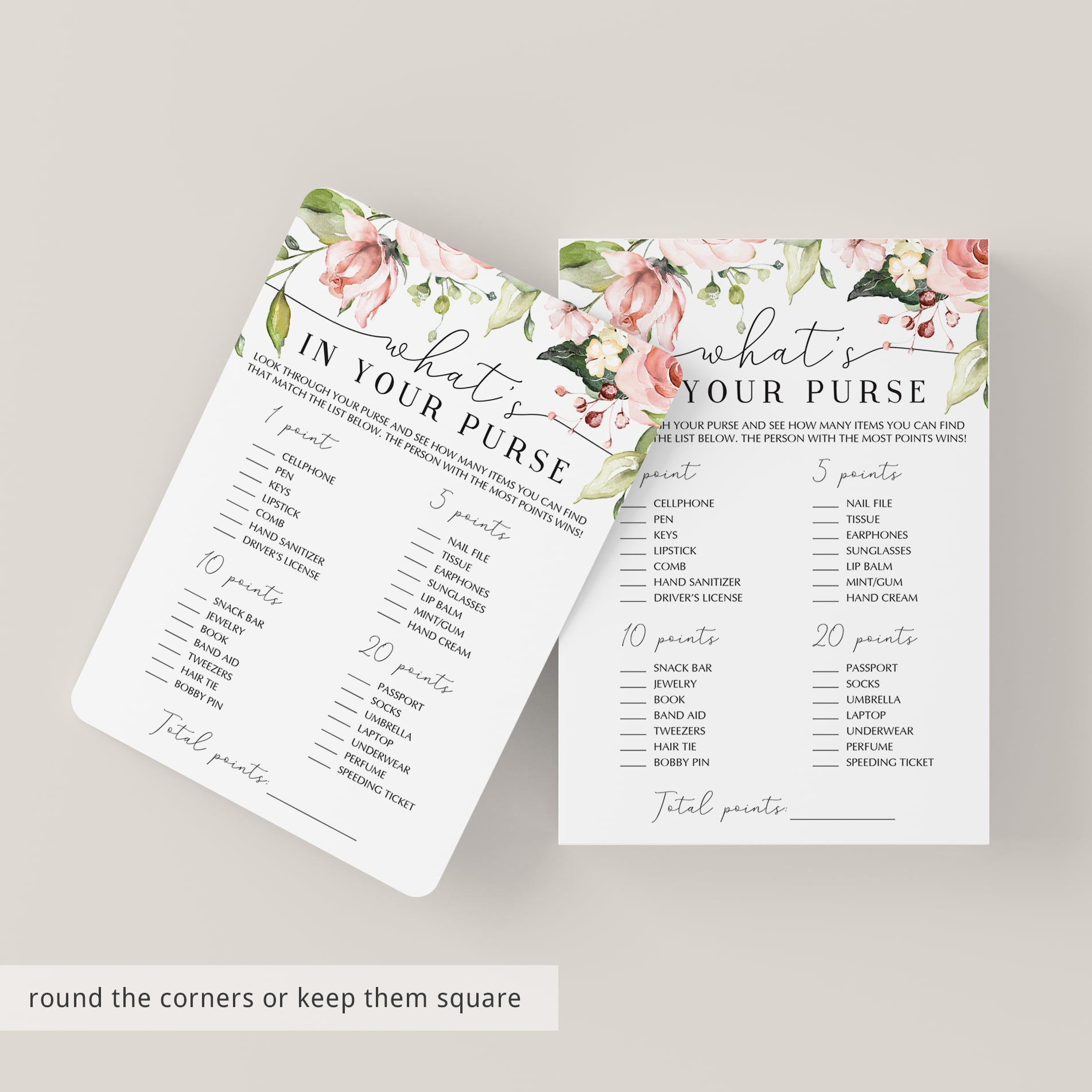 greenery and flowers bridal shower purse raid cards