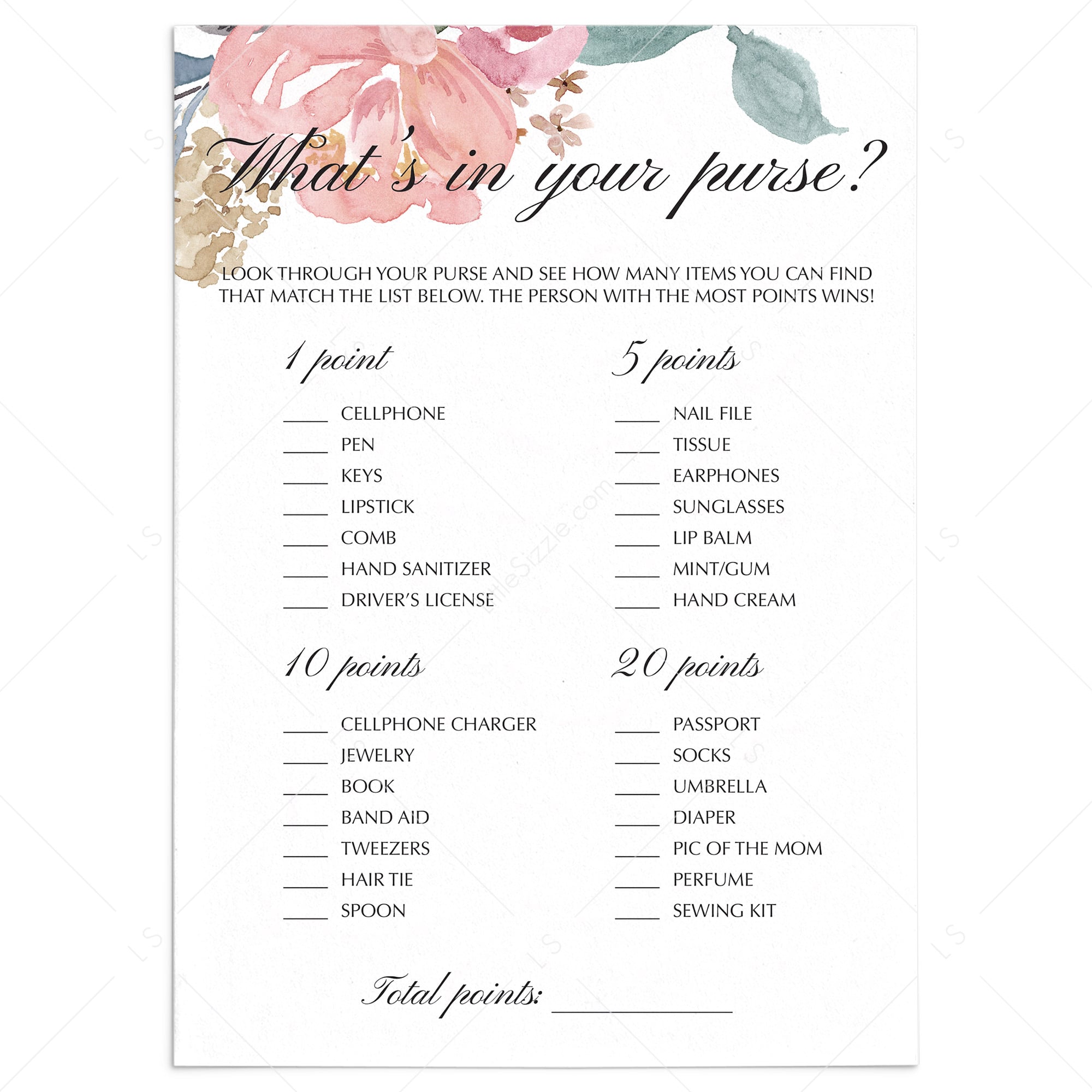 Fun Baby Shower Games Whats In Your Purse Printable by LittleSizzle