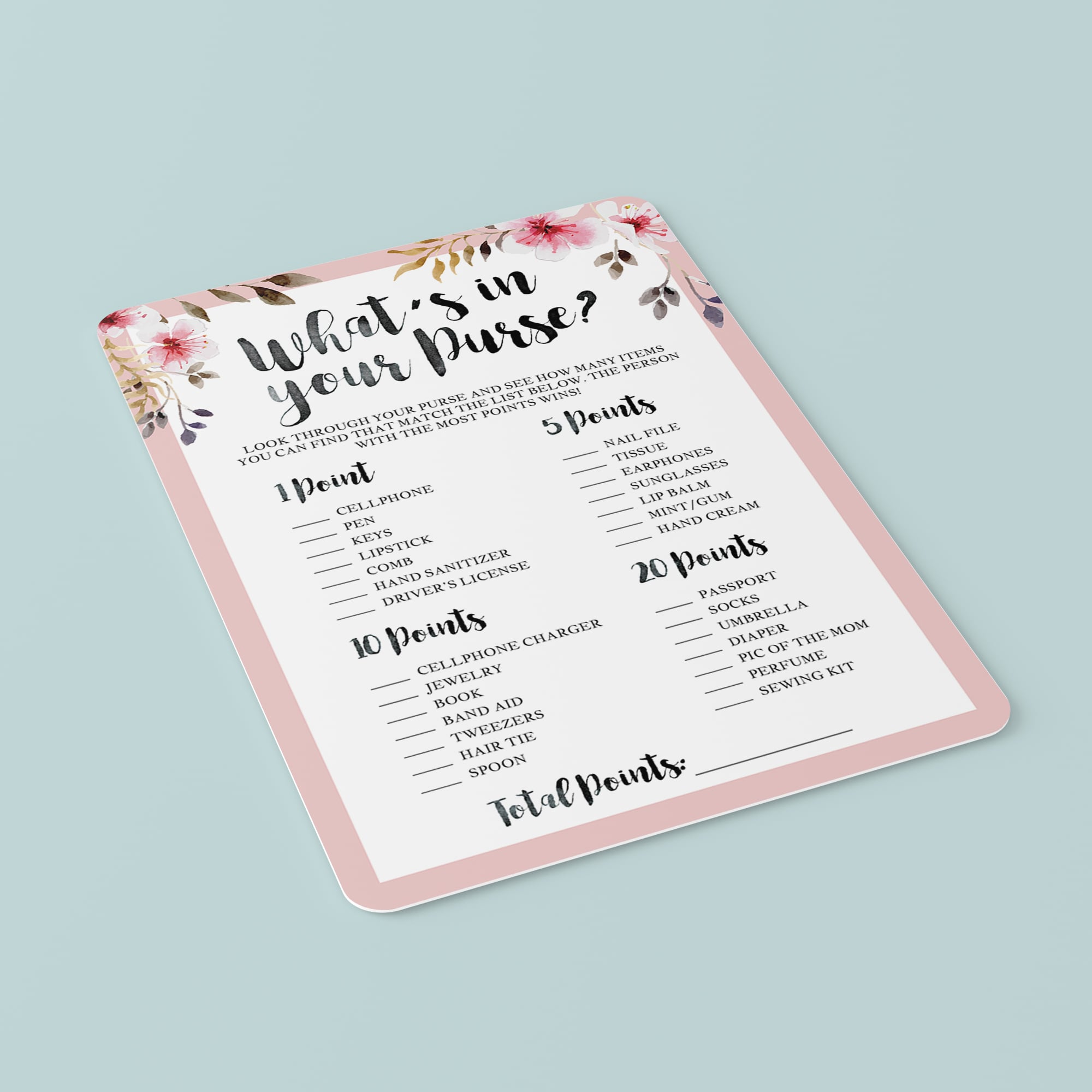 What's in your purse baby shower game pink florals by LittleSizzle
