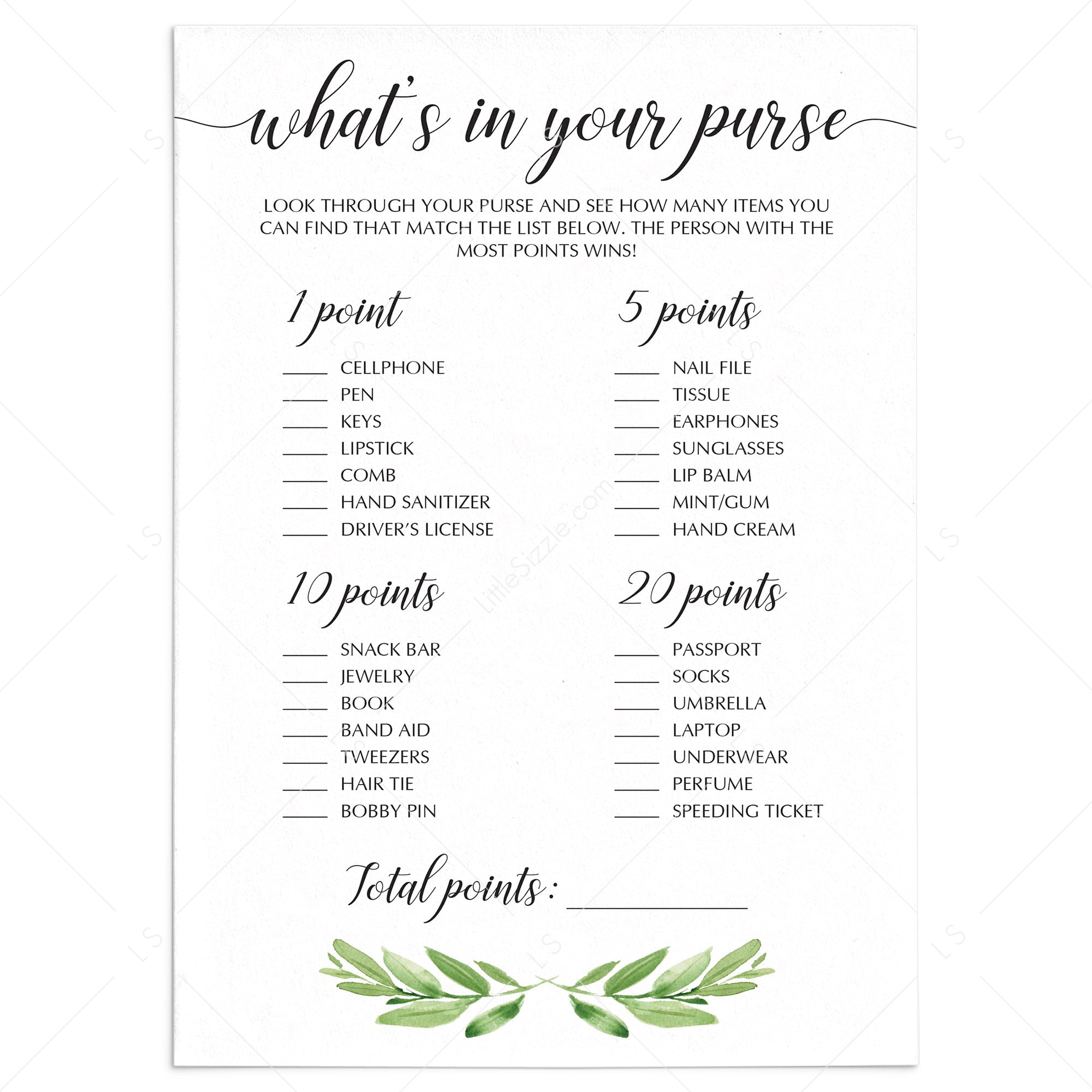 whats in your purse bridal shower game digital file by LittleSizzle