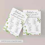 green wedding shower whats in your purse printables