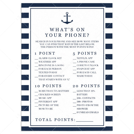 Nautical baby shower phone raid game printable by LittleSizzle