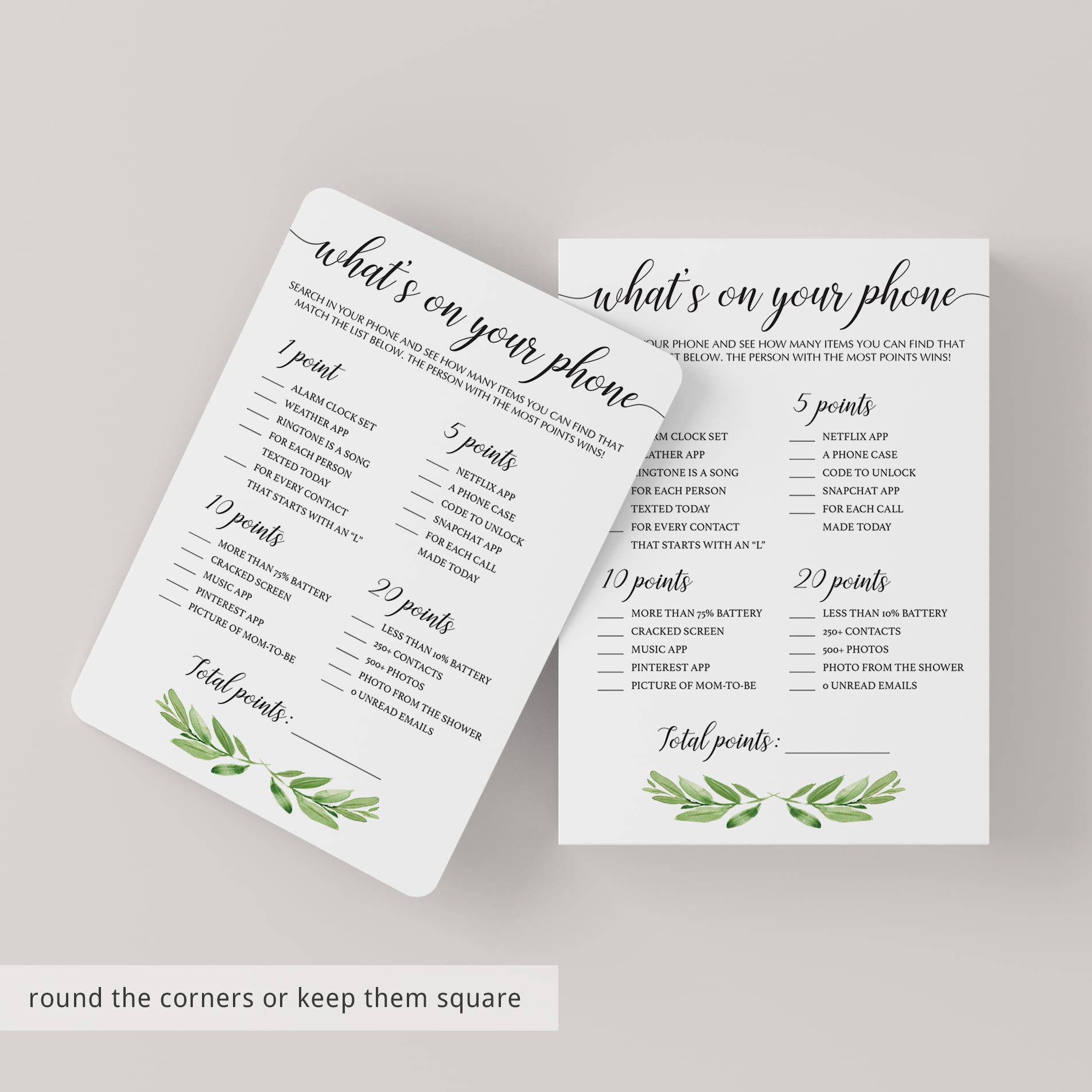 Unique baby shower game whats on your phone printable green leaf by LittleSizzle