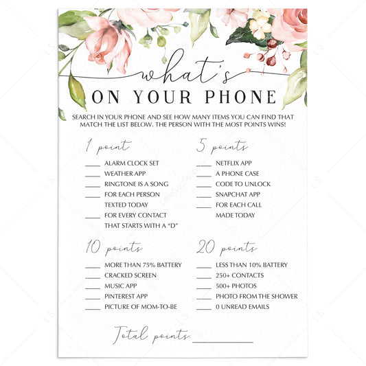 Floral baby shower games what's on your phone printable by LittleSizzle