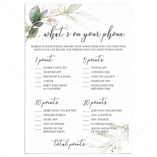 Greenery What's On Your Phone Women's Birthday Party Game by LittleSizzle