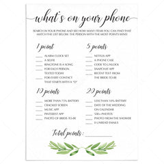 Greenery Bridal Shower Games Whats on Your Phone by LittleSizzle