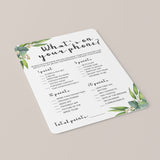 What's On Your Phone Bridal Shower Game Printable Greenery