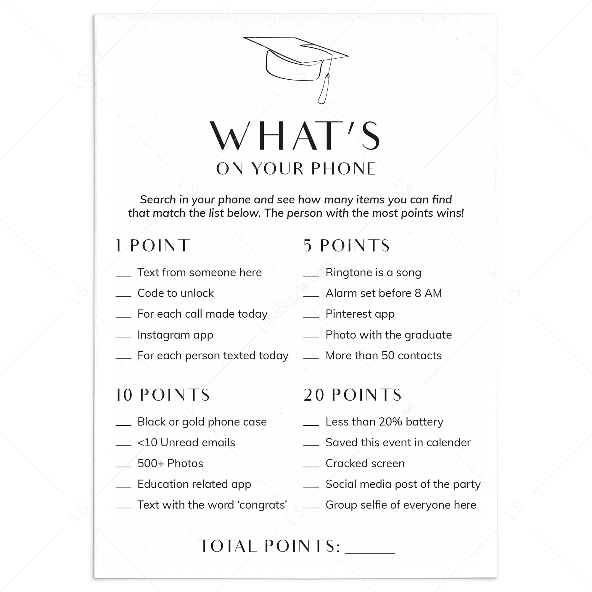 Grad Party Game Whats On Your Phone Printable by LittleSizzle