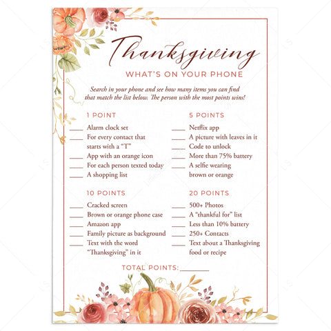 Friendsgiving Game What's On Your Phone Printable | Floral Pumpkin ...