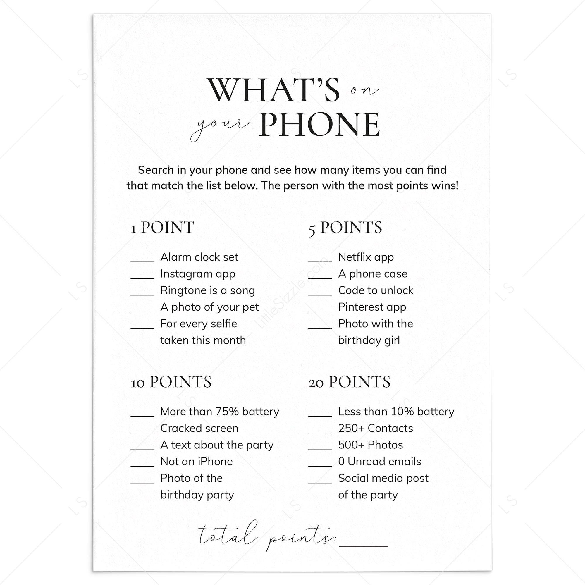 Printable What's On Your Phone Birthday Game for Her by LittleSizzle
