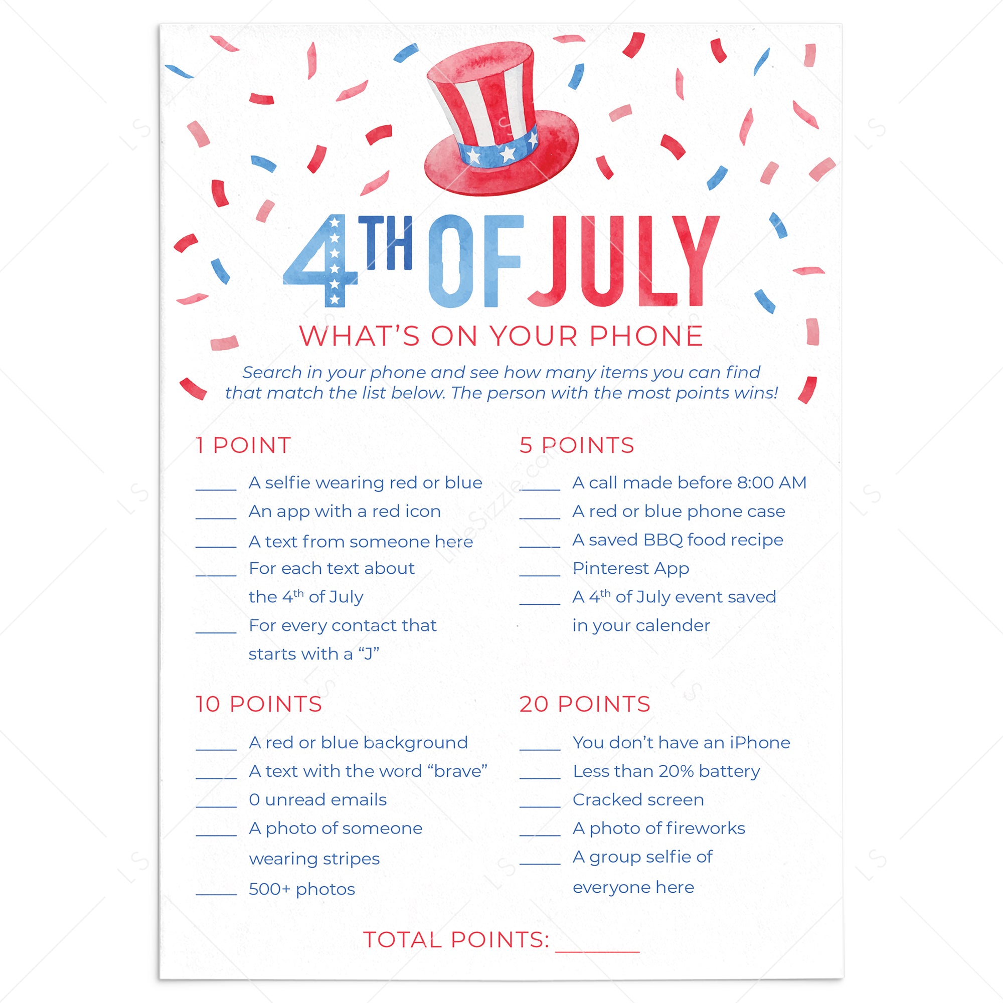 4th of July Party Game for Adults What's On Your Phone by LittleSizzle