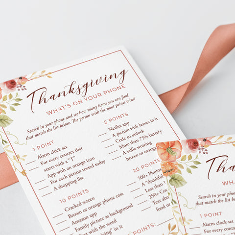 Friendsgiving Game What's On Your Phone Printable | Floral Pumpkin ...