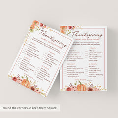 Floral Thanksgiving Dinner Party Trivia Games Printable
