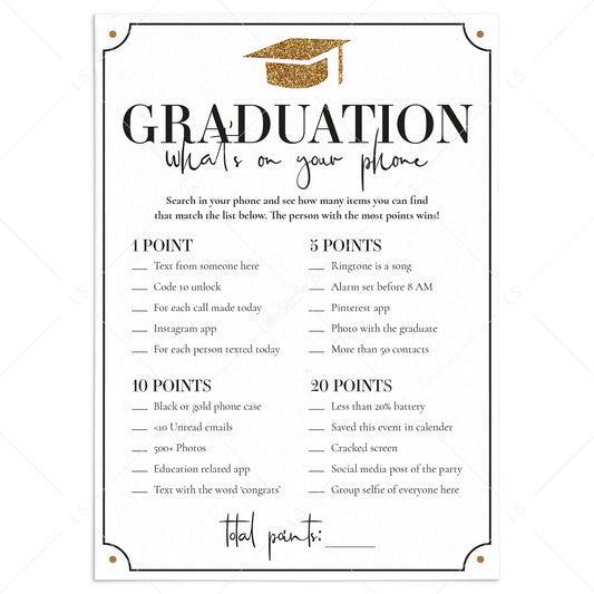 Gold Graduation Party Game What's In Your Phone by LittleSizzle