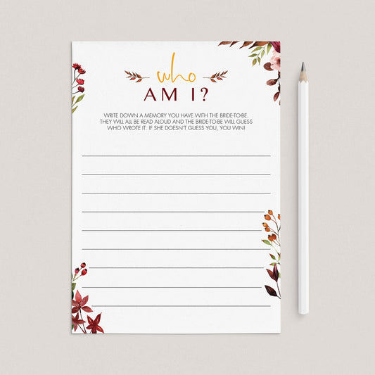 Burgundy Floral Bridal Shower Mingling Game Who Am I by LittleSizzle