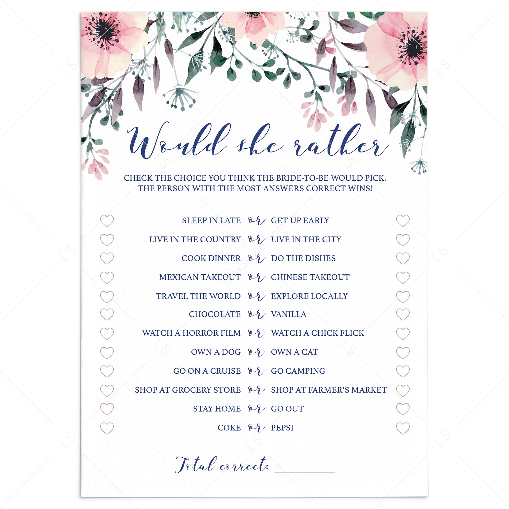 Blush Bridal Shower Games Would She Rather Printable by LittleSizzle