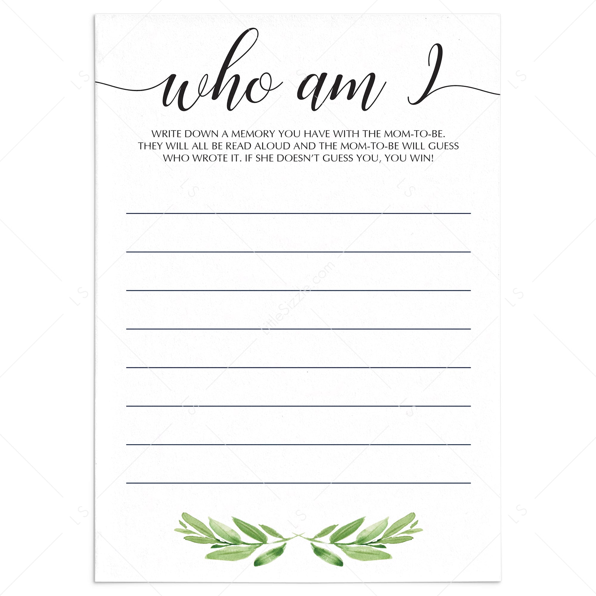 Greenery baby shower games Who am I instant download by LittleSizzle