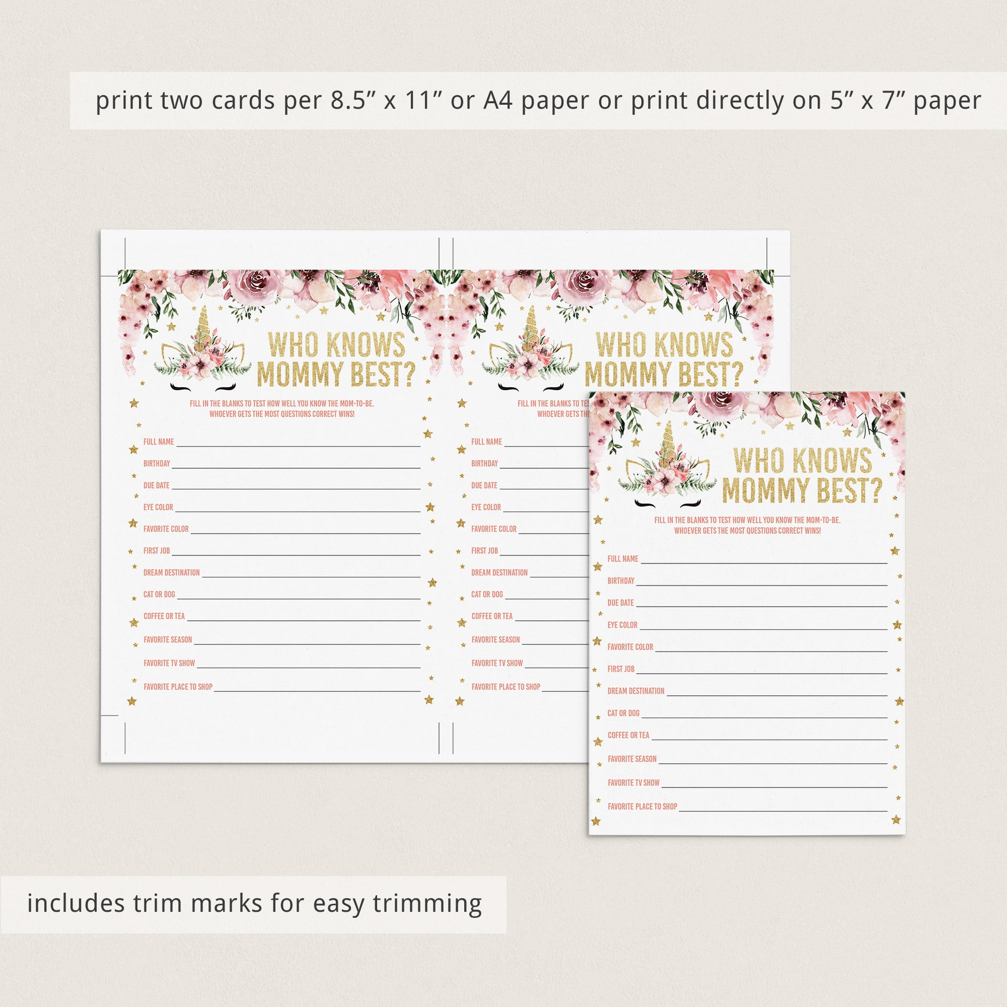 Who knows mommy best quiz game cards printable for girl unicorn baby shower by LittleSizzle
