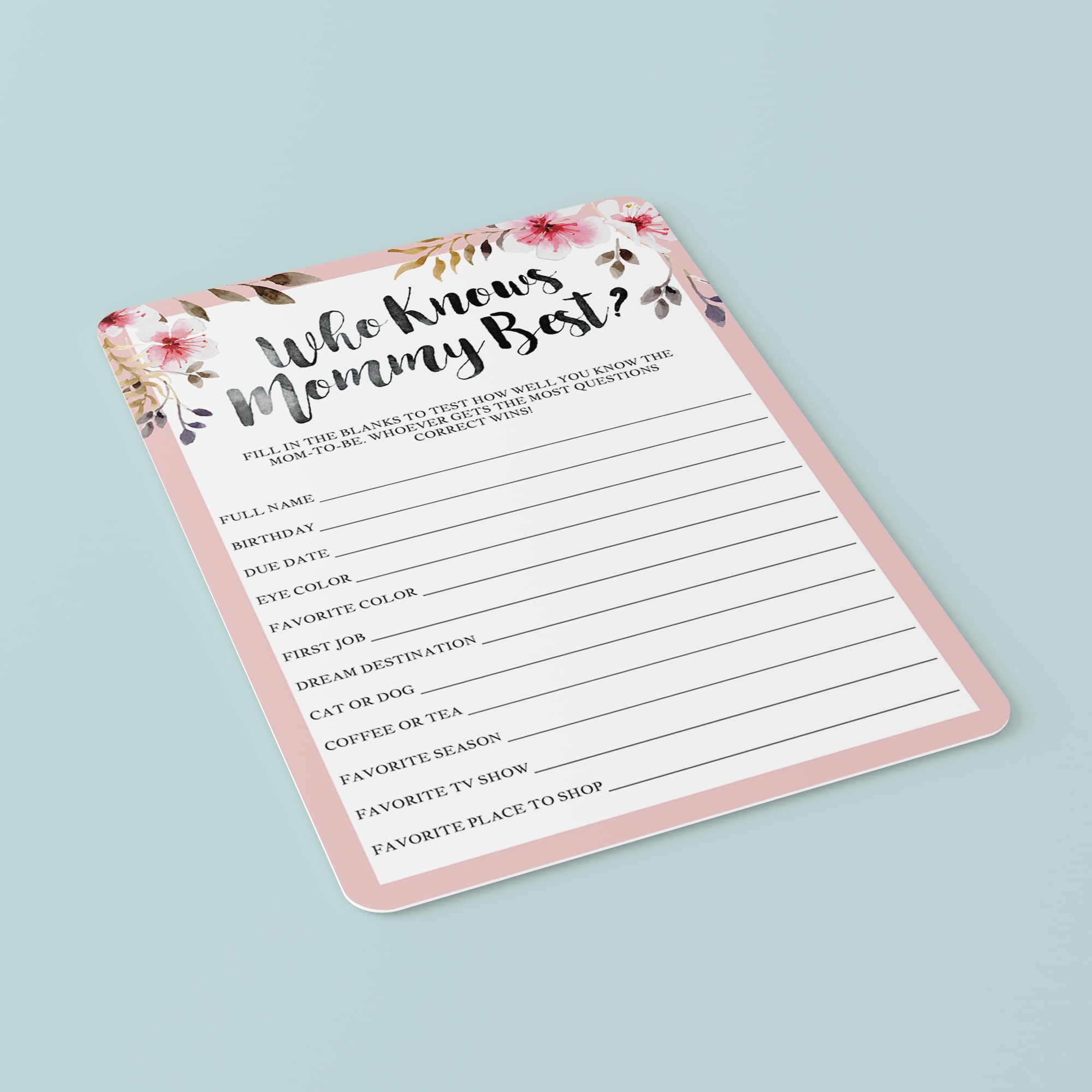 DIY watercolor baby shower games who knows mommy best printable by LittleSizzle