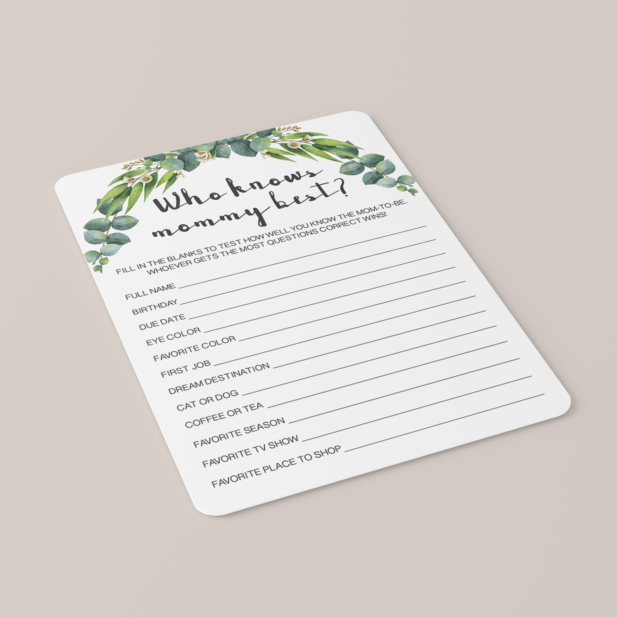 Eucalyptus baby shower game printable by LittleSizzle