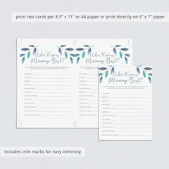 Printable Who Knows Mommy Best Quiz with Watercolor Leaves
