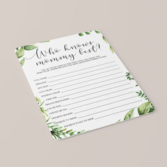Watercolor leaves baby shower games who knows mommy best printable by LittleSizzle