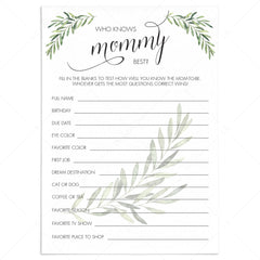 Greenery Who Knows Mommy Best Game for Baby Shower by LittleSizzle