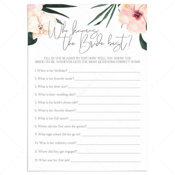 Free Printable Who Knows the Bride Best Game - Pjs and Paint