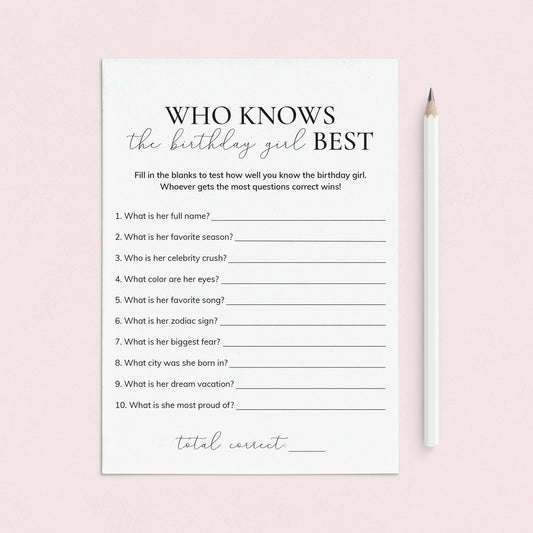 Printable Who Knows The Birthday Girl Best Quiz by LittleSizzle